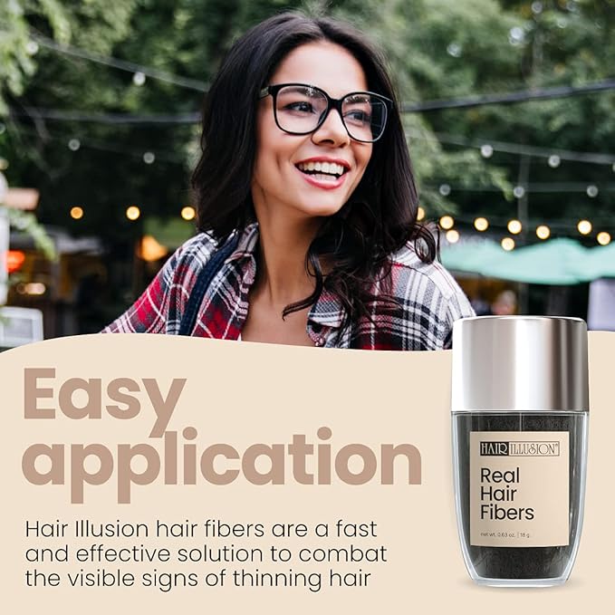 Hair Illusion Black Real Fibers & Holding Spray for Women & Men - Natural Texture, Non-Synthetic Cover Up for Thinning Hair and Bald Spots - 18 Gram