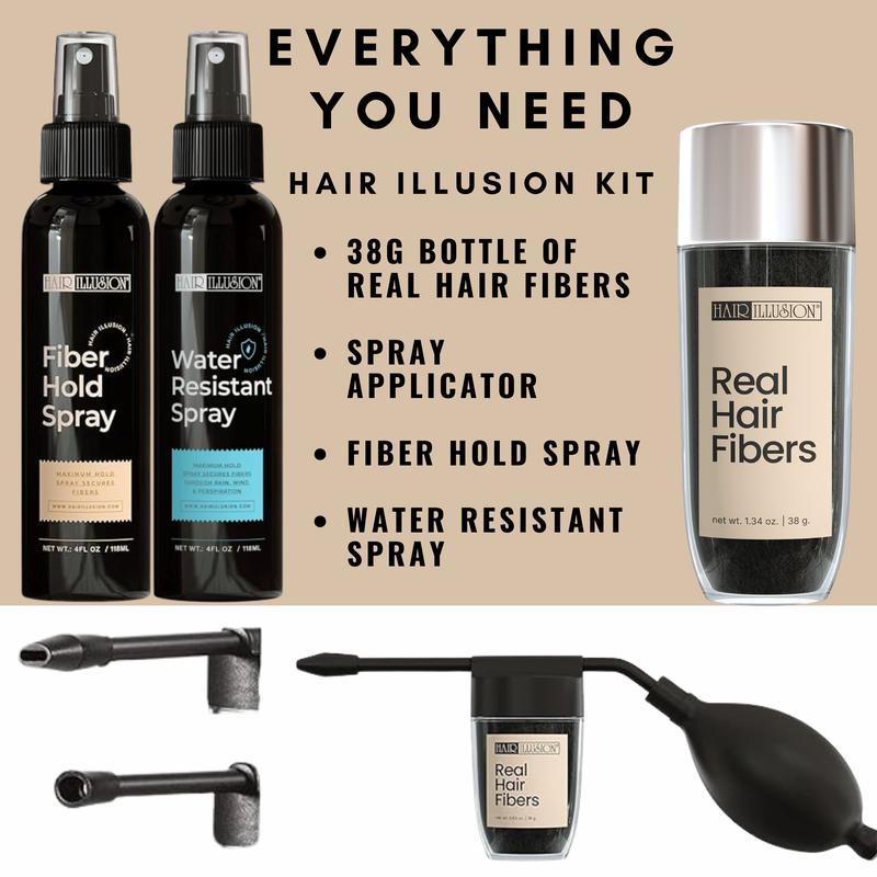 Hair Illusion 100% Real Hair Fibers Combo Kit: Fibers, Hold & Water Spray, & Applicator for Instant Natural Fuller Hair for Thinning & Enhancement Blend