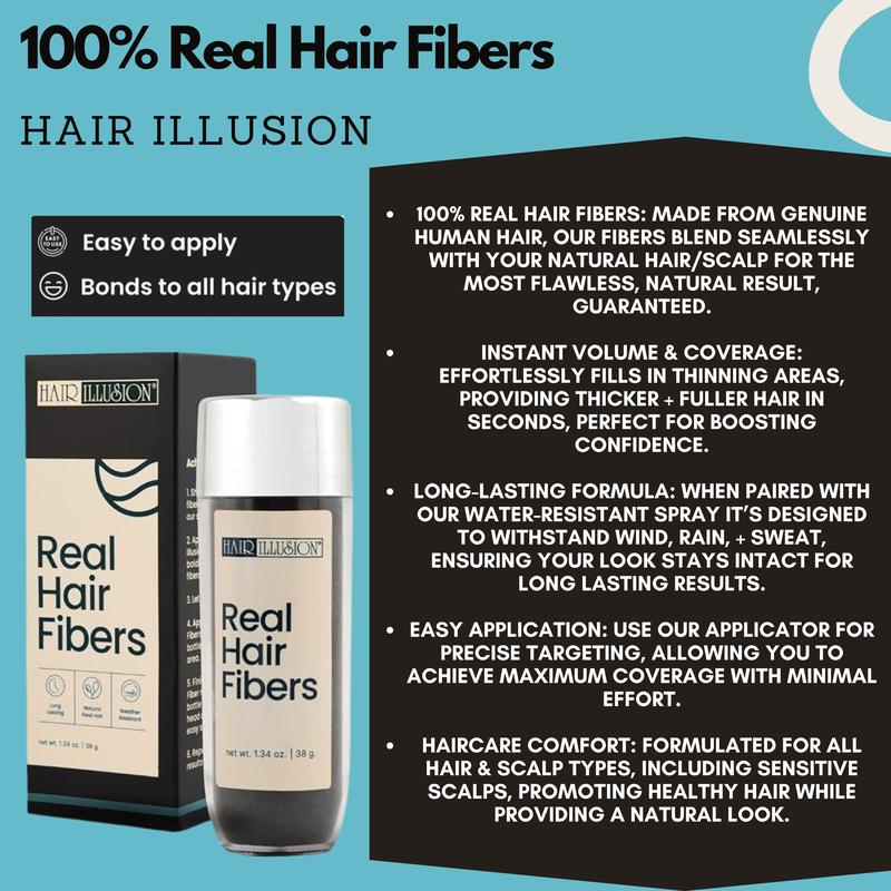Hair Illusion 100% Real Hair Fibers Combo Kit: Fibers, Hold & Water Spray, & Applicator for Instant Natural Fuller Hair for Thinning & Enhancement Blend