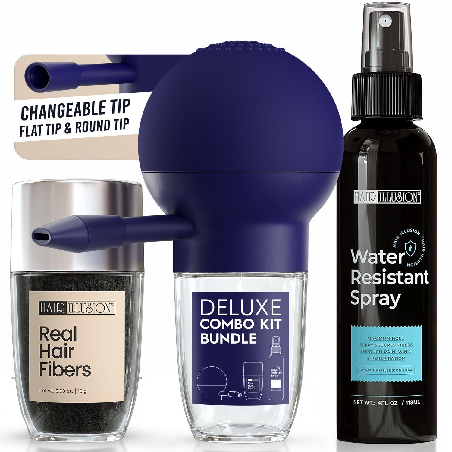 Hair Illusion 100% Real Hair Fibers Kit: 18g BLACK Fibers, Water Resistant Spray, New Applicator Instant Natural Hair Enhancement Non Synthetic - Hair Illusion Inc