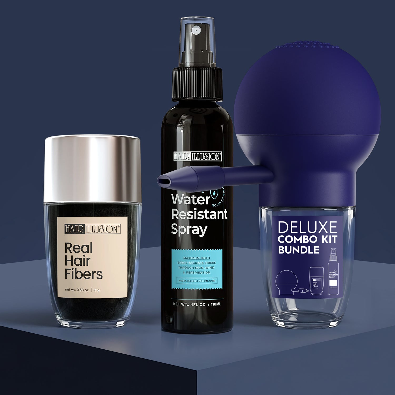 Hair Illusion 100% Real Hair Fibers Kit: 18g BLACK Fibers, Water Resistant Spray, New Applicator Instant Natural Hair Enhancement Non Synthetic - Hair Illusion Inc