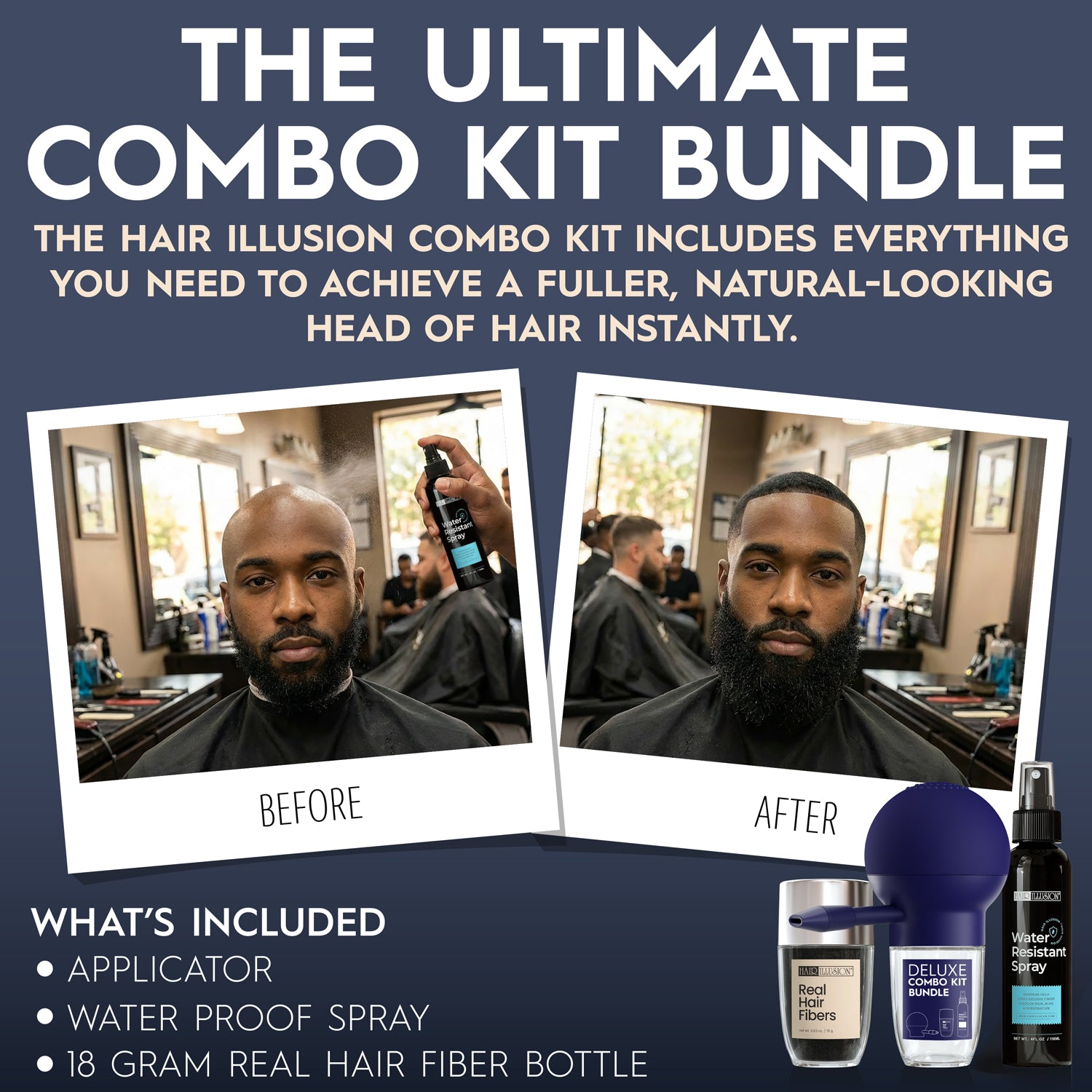 Hair Illusion 100% Real Hair Fibers Kit: 18g BLACK Fibers, Water Resistant Spray, New Applicator Instant Natural Hair Enhancement Non Synthetic - Hair Illusion Inc