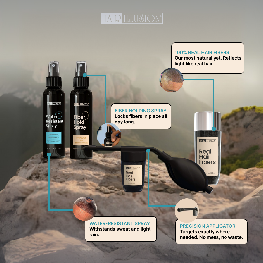 Hair Illusion 100% Real Hair Fibers Combo Kit: Fibers, Hold & Water Spray, & Applicator for Instant Natural Fuller Hair for Thinning & Enhancement Blend