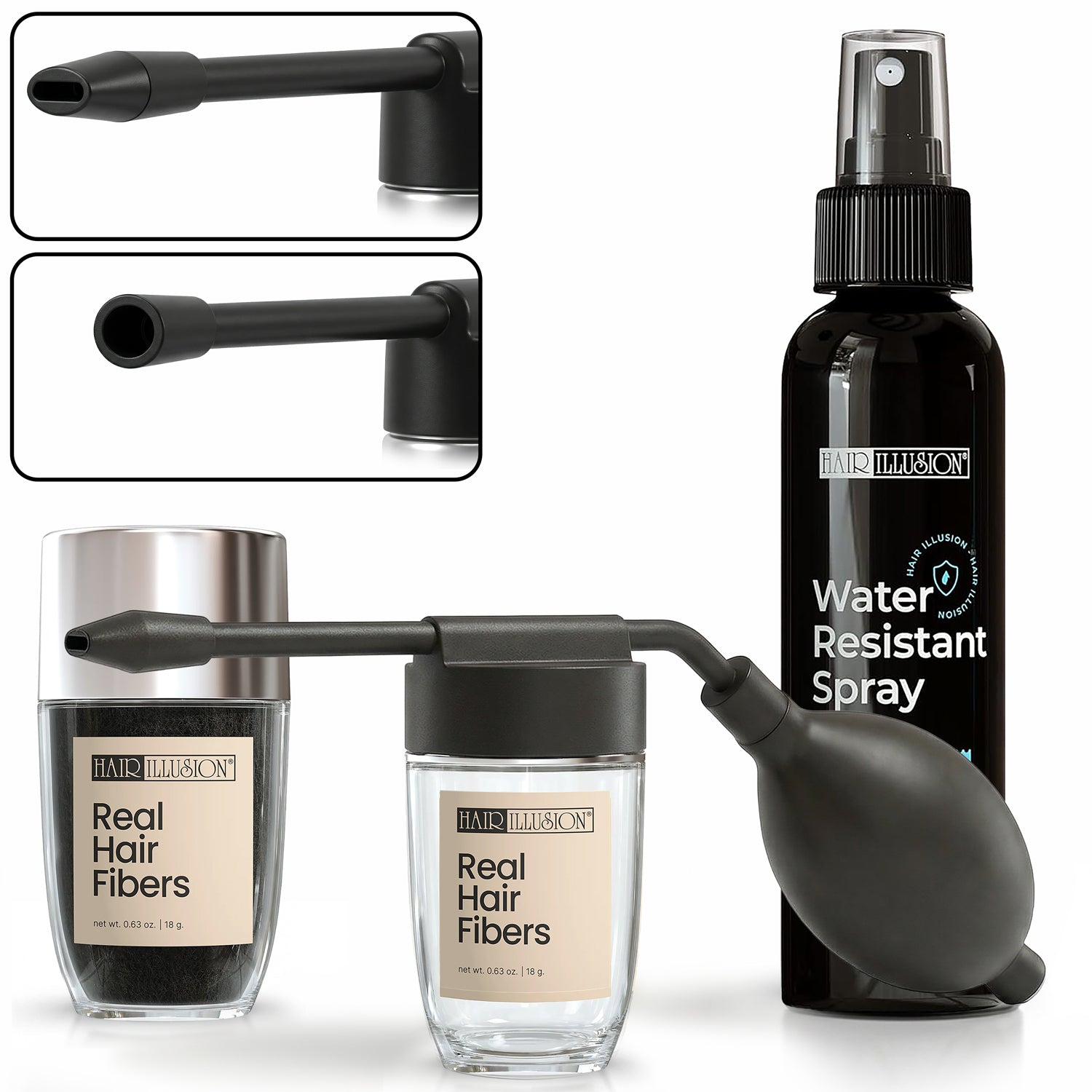 Hair Illusion 100% Real Hair Fibers Kit: 18g BLACK Fibers, Water Resistant Spray, Applicator Instant Natural Hair Enhancement Non Synthetic