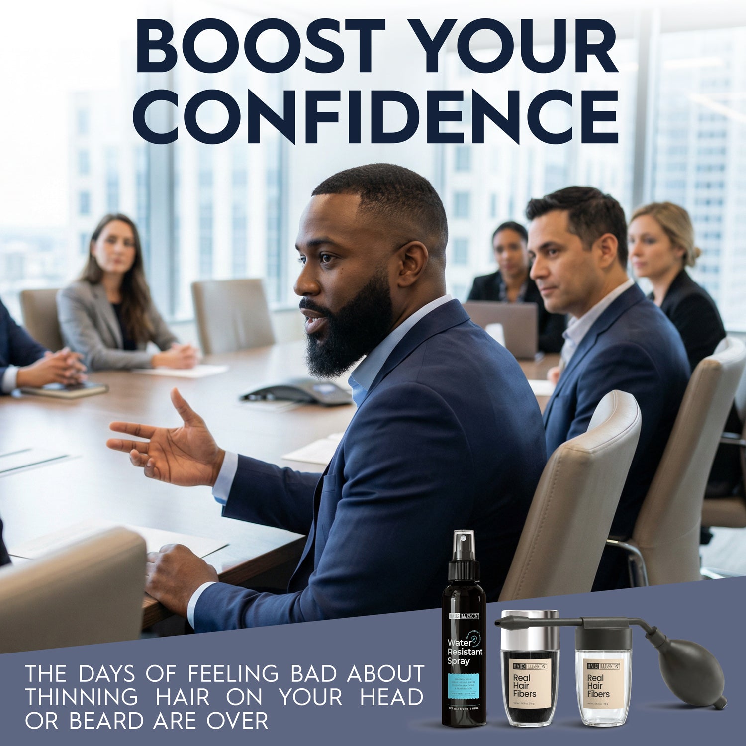 Hair Illusion 100% Real Hair Fibers Kit: 18g BLACK Fibers, Water Resistant Spray, Applicator Instant Natural Hair Enhancement Non Synthetic