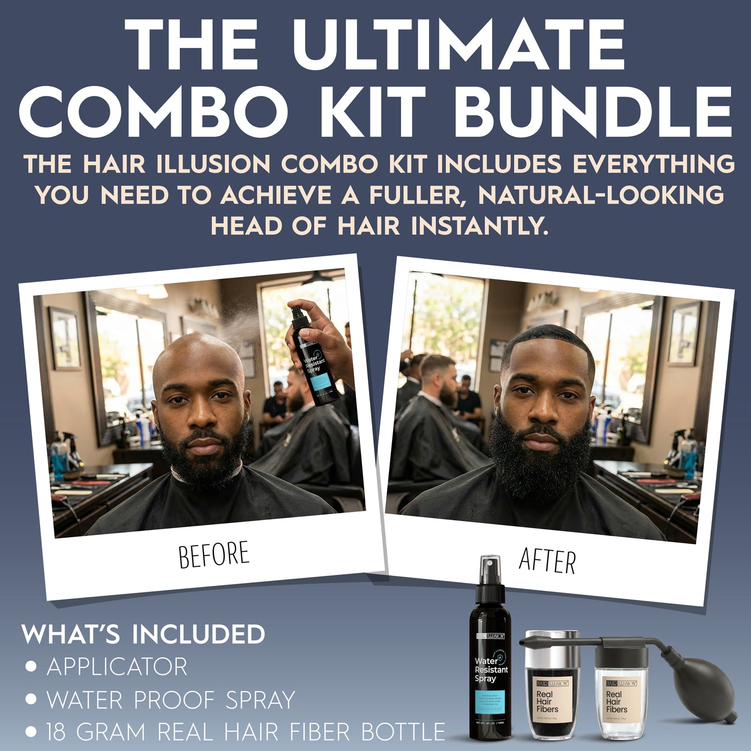 Hair Illusion 100% Real Hair Fibers Kit: 18g BLACK Fibers, Water Resistant Spray, Applicator Instant Natural Hair Enhancement Non Synthetic