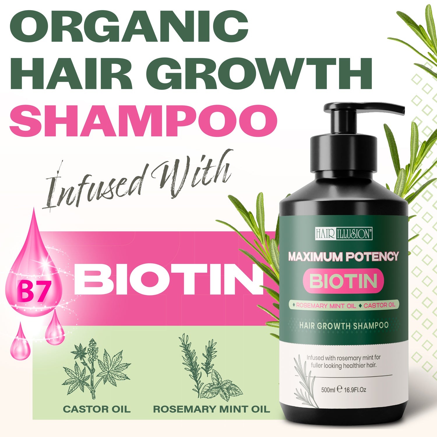 Hair Illusion Hair Growth Shampoo with Maximum Potency Biotin, Rosemary & Castor Oil